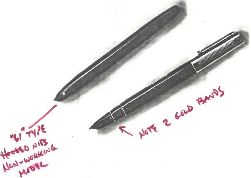 The two Eversharp “61”-style prototype pens and a Fifth Avenue-style prototype, photographed with handwritten notes.