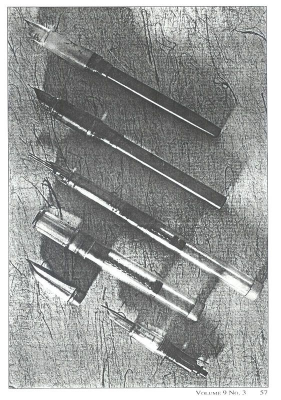 A magazine page showing the clear Lucite piston-driven Snorkel prototype and other pens.